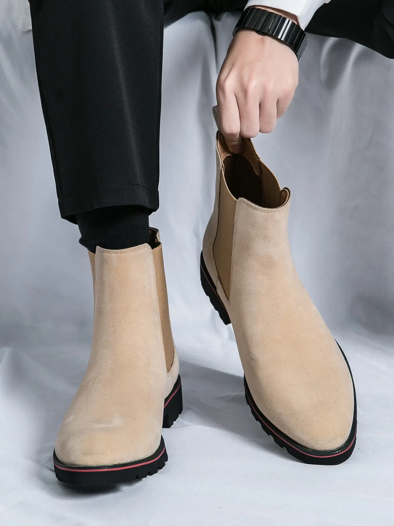 Winter men's Soft suede high top Chelsea boots with elastic bands, simple Design and comfortable warm cotton Rubber boots, suitable for cold weather Footwear