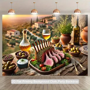 2D Flat, 1pc Mediterranean Dinner Polyester Photography Backdrop - Vibrant Italian-Themed Party Banner with Wine, Cheese, and Olive Decor for Indoor/Outdoor Events, Birthday, Anniversary, and Studio Props, Party Backdrop | Vibrant Table Setting |