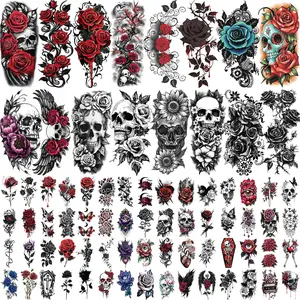 77 Sheets Flower Temporary Tattoos, Weird Roses and Skulls Fake Tattoos, Waterproof Body Art Tattoo Stickers for Adults and Kids cohesive tattoos
