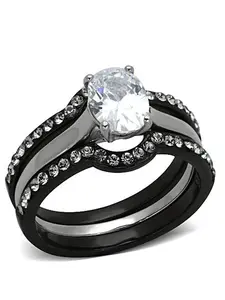 3 Piece Black Plated Stainless Steel Wedding Ring Oval CZ Wedding Ring Set