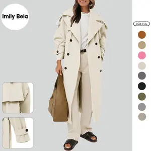 Imily Bela Women's Elegant Casual Oversized Long Trench Coat - Double-Breasted Lapel, Long-Sleeve Windproof Outerwear with Adjustable Belt, Ideal for Tops, Jackets, and Stylish Outfits