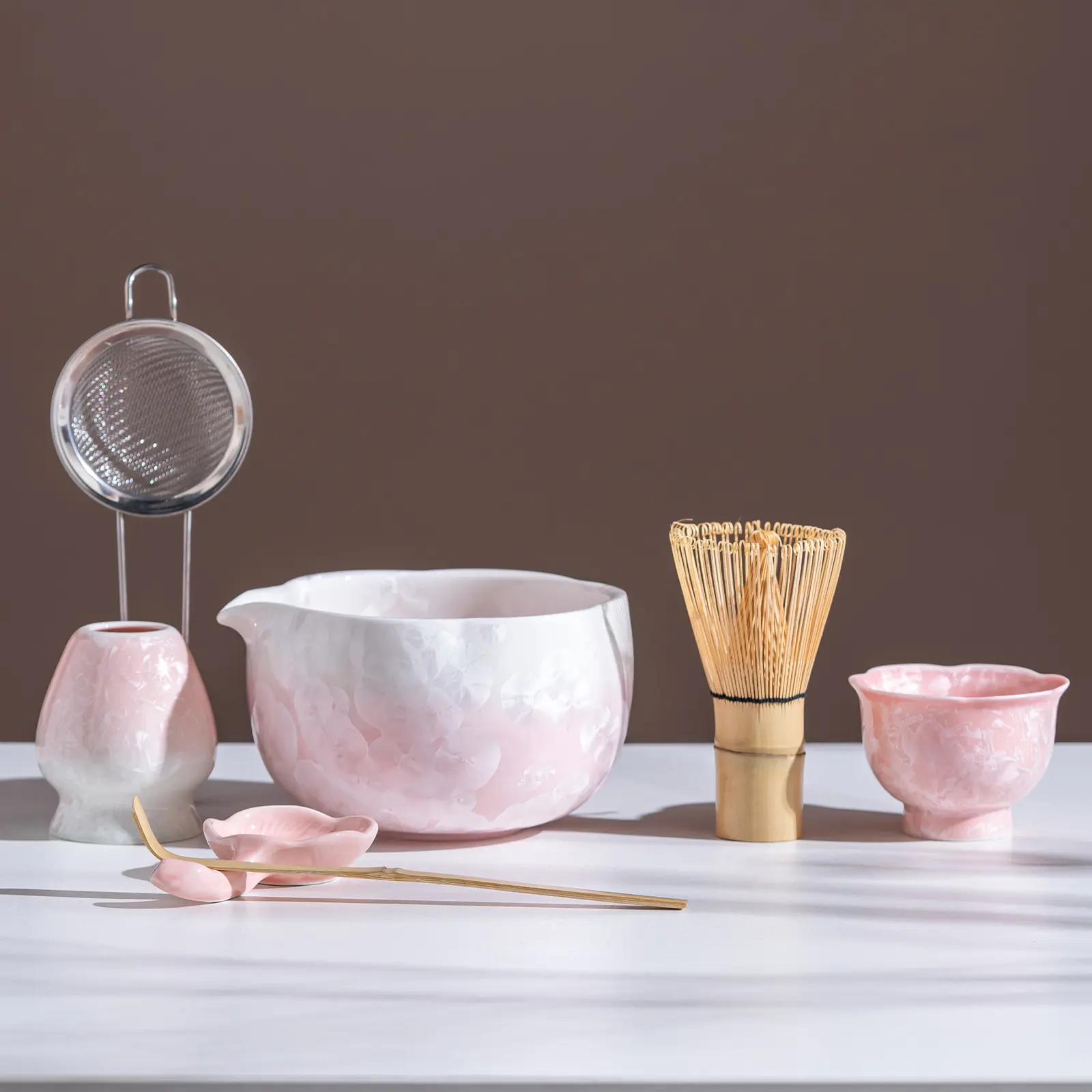 7-Piece Pink Matcha Kit Set, Gradient Ceramic Matcha Bowl with Matching Cup, Whisk, Scoop, Flower Holder & Sifter, Japanese Matcha Tea Set