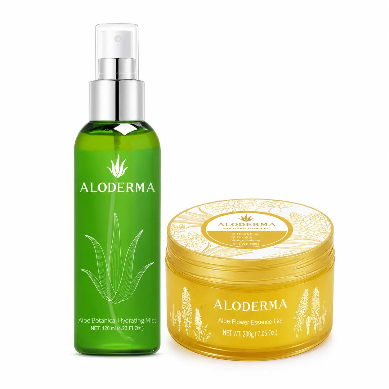 Aloderma Organic Aloe Hydrating Set - Daily Lightweight Facial Mist, Aloe Flower Essence Gel for Soothing Moisturizing, Radiance & Hydration Boost