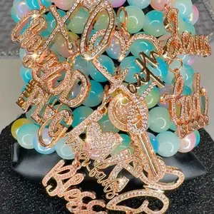 7 Stacked Rose Gold Pave Name & Charm Bracelets with Pastel Glass Beads