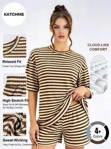 Katch Me Chic Women's Slouchy Round Neck Stripe Loose Breathable Short Sleeve Top & Shorts Co-ord, Flexible Sweat-Wicking Stretch Two Piece Sets for Daily Wear