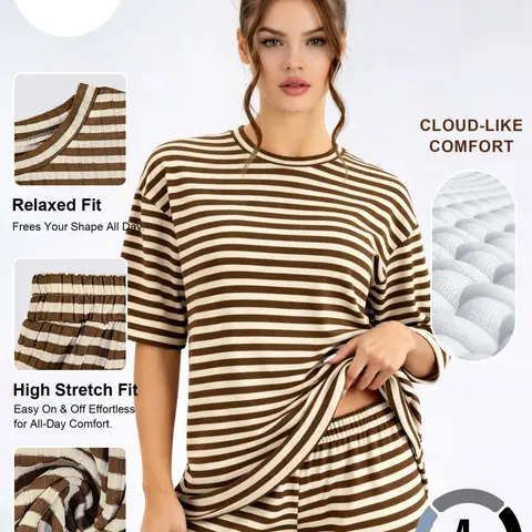 Katch Me Chic Women's Slouchy Round Neck Stripe Loose Breathable Short Sleeve Top & Shorts Co-ord, Flexible Sweat-Wicking Stretch Two Piece Sets for Daily Wear