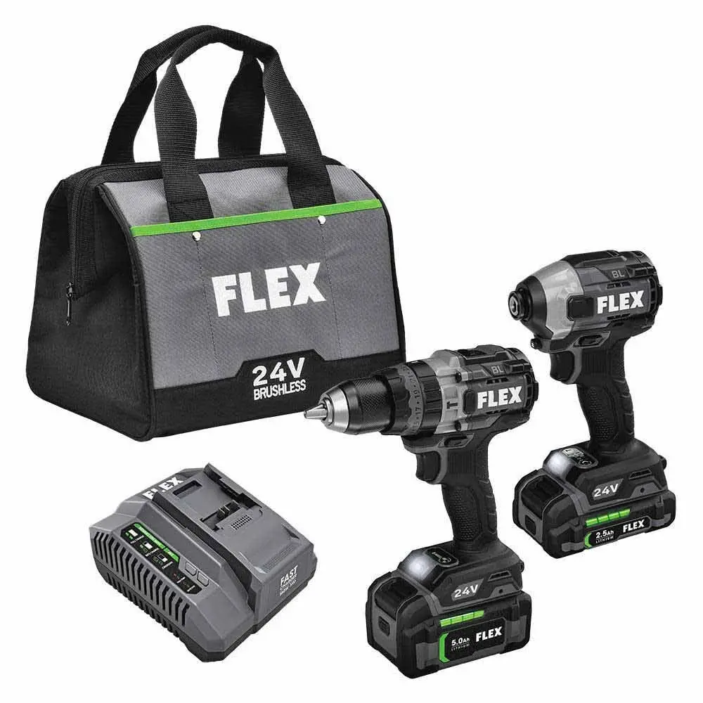 Flex FXM202-2B 24V Brushless 2 Tool Combo Kit Hammer Drill with Turbo Mode and Impact Driver with Quick Eject, Cordless Drill Driver, Wireless Drill Set