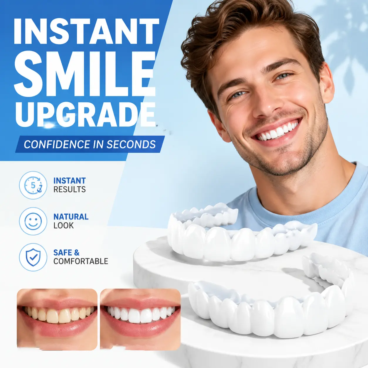 【3 PACK】Instant Perfect Smile Snap On Veneers Temporary Fake Teeth Cover Comfortable Silicone Denture Kit for Missing Broken Teeth Hide Gaps