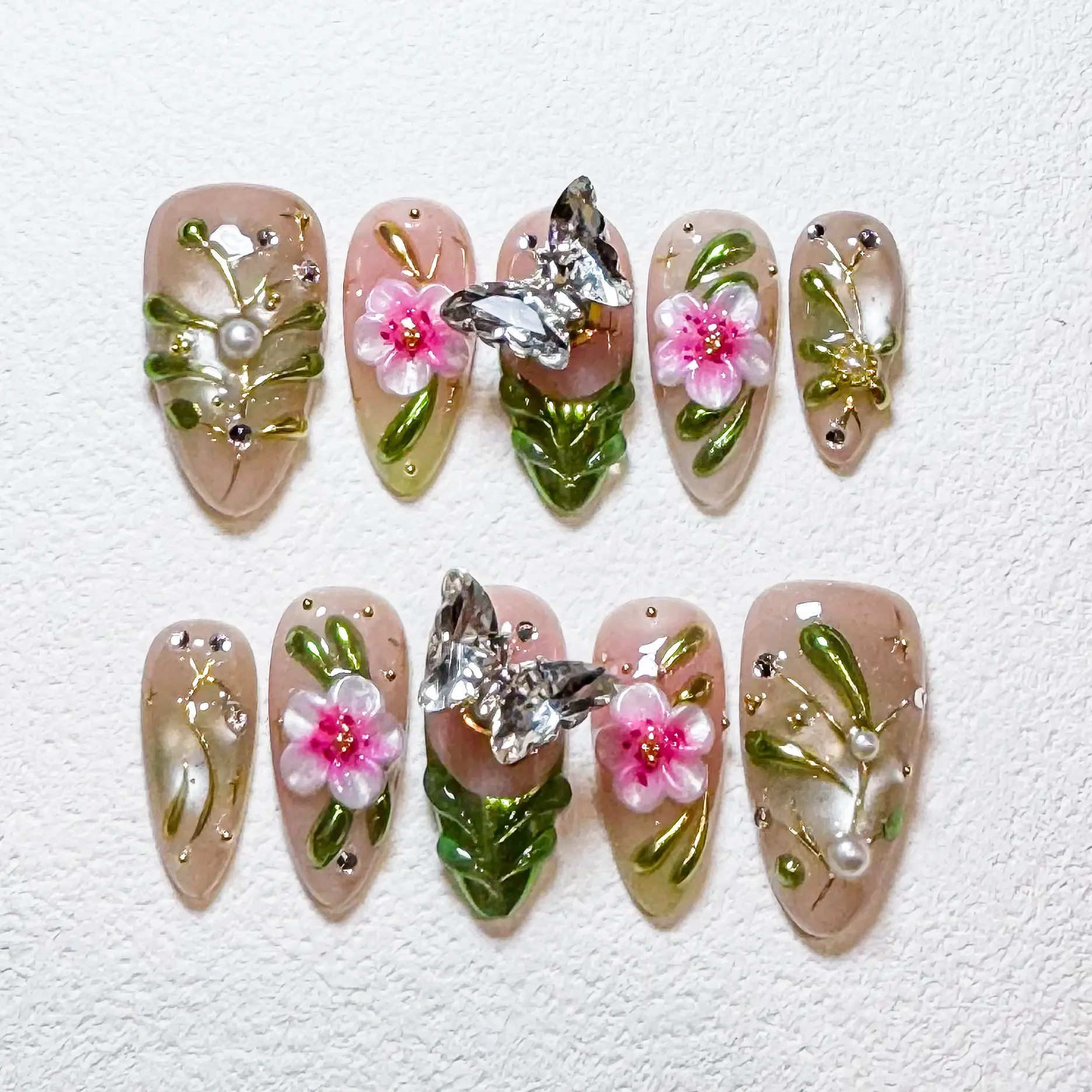 NailPop Handmade 3D Press On Nails, Luxury Reusable Gel False Nails, Multiple Design Options Butterfly Floral Celestial Animal Print Long Almond Fake Nails Set for Women Party Gift