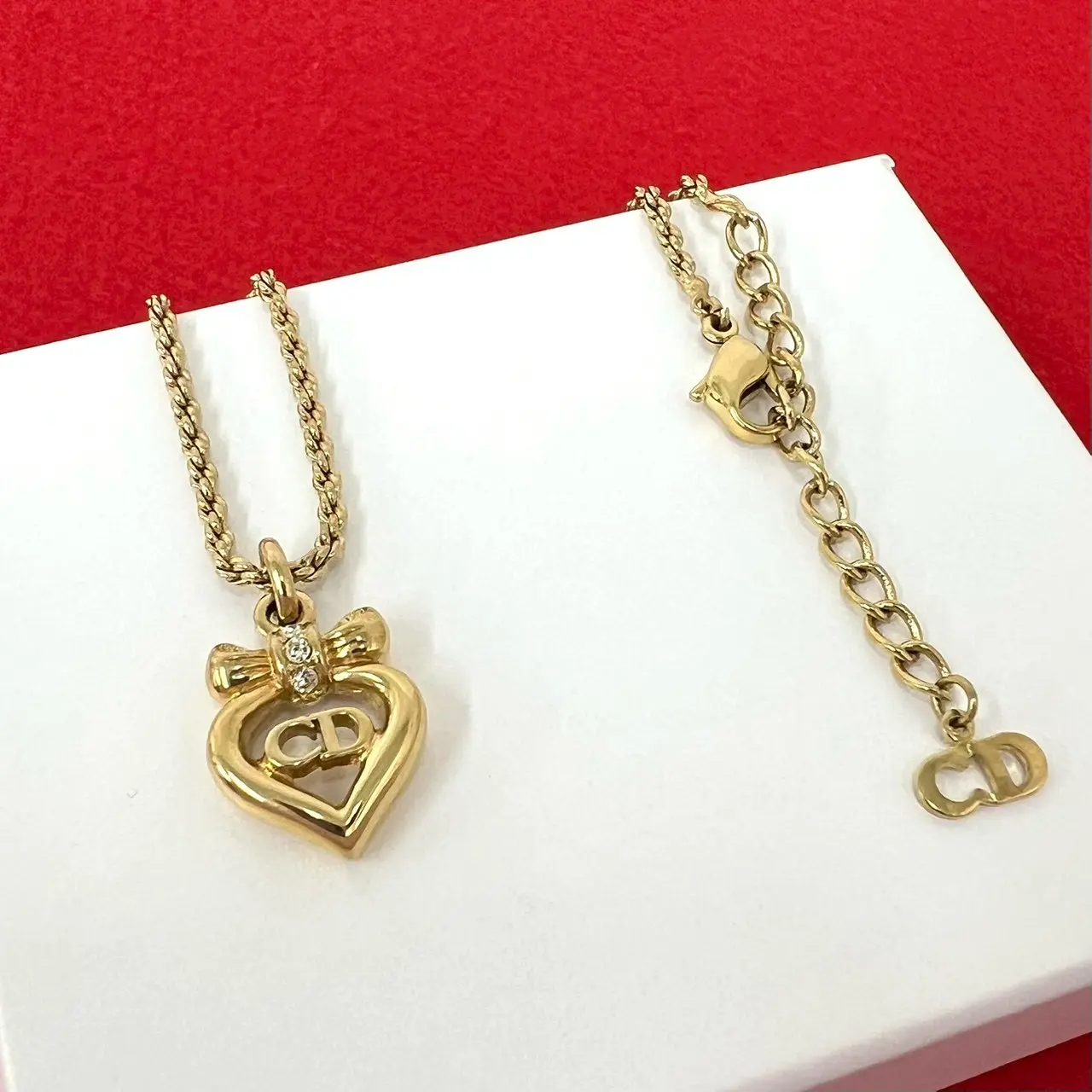 Pre-owned Dior Gold-plated Small Leather Goods Christian Heart Ribbon Necklace