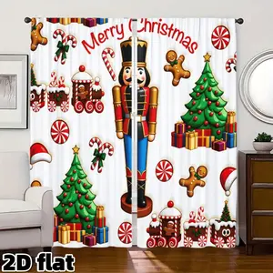 2D Flat 2Pcs Merry Christmas Nutcracker Soldier Printed Curtain Panel, Gingerbread Man Tree Train Elements, Semi Sunshade Rod Pocket Style, Suitable for Home Living Room Bedroom Balcony Kitchen Study Window Decoration, Christmas Gift Window