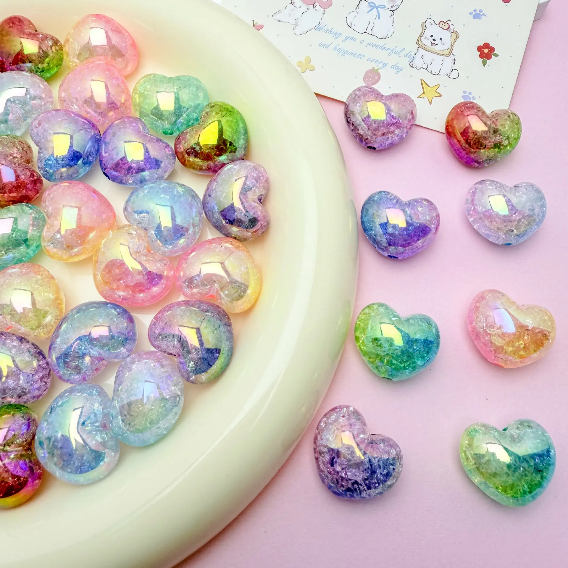 20pcs DIY Heart Crackle Beads Kit – Colorful Ice Crackle Acrylic Heart Beads for Bracelet Making, Phone Charms, Keychains, Jewelry Crafts & Handmade Accessories
