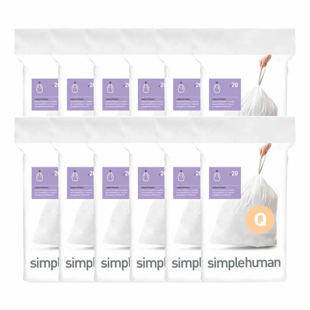 Simplehuman Code Q Thick Heavy Duty Drawstring Trash Can Liners with Handles - 17 gal, 25.2x32.7 in, 1.18 Mil White Plastic Bags, 240-Bag Packs (Pack of 240), Trash Bins