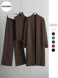 trendy knit turtle neck tank & wide leg trousers with open-front long cardigan three-piece sets