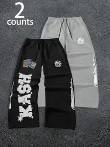 TikTok Trending! 2 - Pack Drawstring Sweatpants with "KASH" & Flame Prints, Ideal for Streetwear and Casual Looks