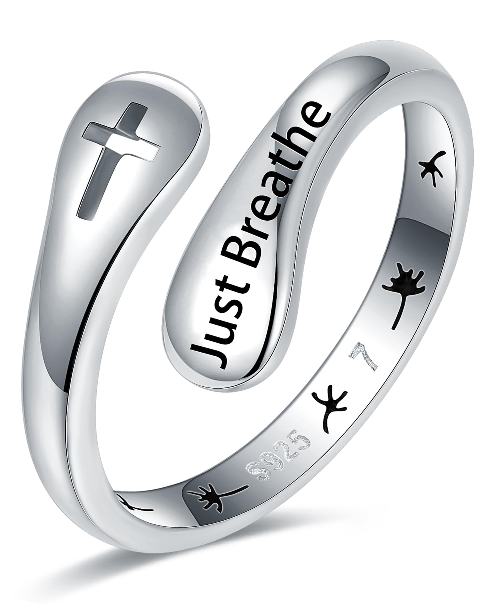 925 Sterling Silver Just Breathe Cross Ring for Women Men, Dainty Religious Faith Rings, Minimalist Anxiety Relief Jewelry Gift for Birthday Christmas Graduation, Hypoallergenic Silver Stacking Rings for Daily Wear