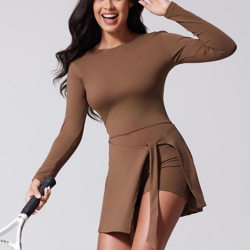 Kabuer Women's Black Long Sleeve Tennis Dress with Ruffle Side Slit & Built-in Shorts for Yoga Golf Athletic Activities Homecoming Dress Activewear Machine Washable High Stretch Knit Fabric