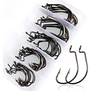 Offset Shank Worm Hooks - High Carbon Steel Weedless Fishing Hooks for Soft Plastic Baits, Texas Rig, Freshwater & Saltwater - 50 count in 5 Sizes with Plastic Box