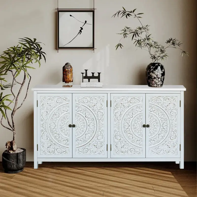 60"White Accent Cabinet with 4 Doors, Rustic Wood Sideboard Pantry Cabinet - Versatile Buffet Cabinet with Storage for Home Decor and Organization chic cabinet