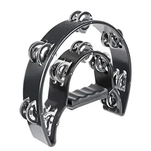 Half Moon Musical Tambourine Double Row Metal Jingles Hand Held Percussion Drum Multicolor for KTV Party with Ergonomic Handle Grip (Black)