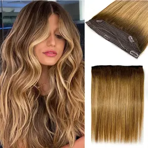 Royaomis Halo Hair Extensions Real Human Hair Halo Extensions for Women Wire Hair Extensions with Transparent Adjustable Headband Size 5 Secure Clips Straight Invisible Fish Line Hairpiece（16-#MM）