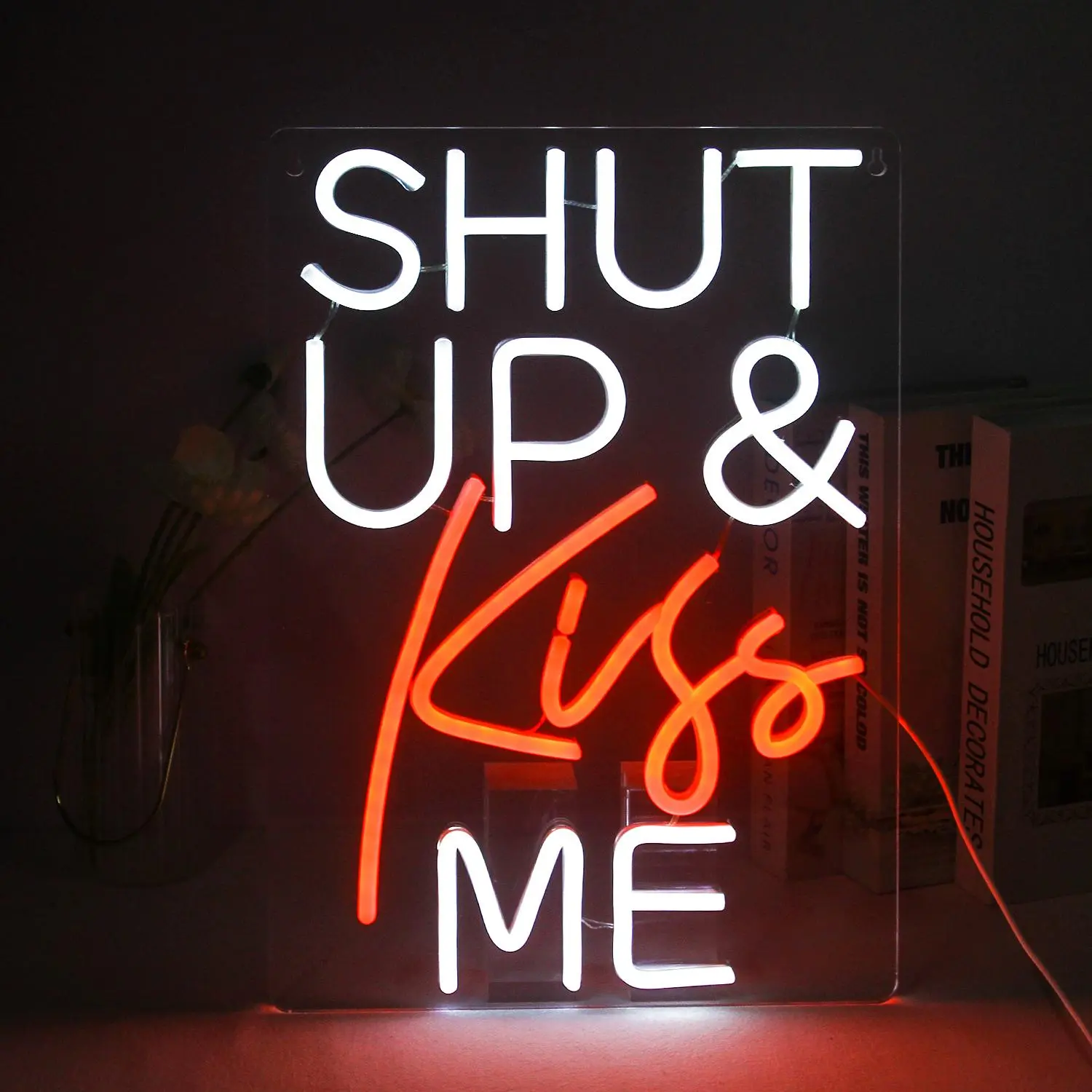 Shut Up Kiss Me Neon Sign, USB Plug LED Glowing Wall Mounted Neon Light, Decorative Light for Party Atmosphere, Girls Room, Bar, Hair Salon