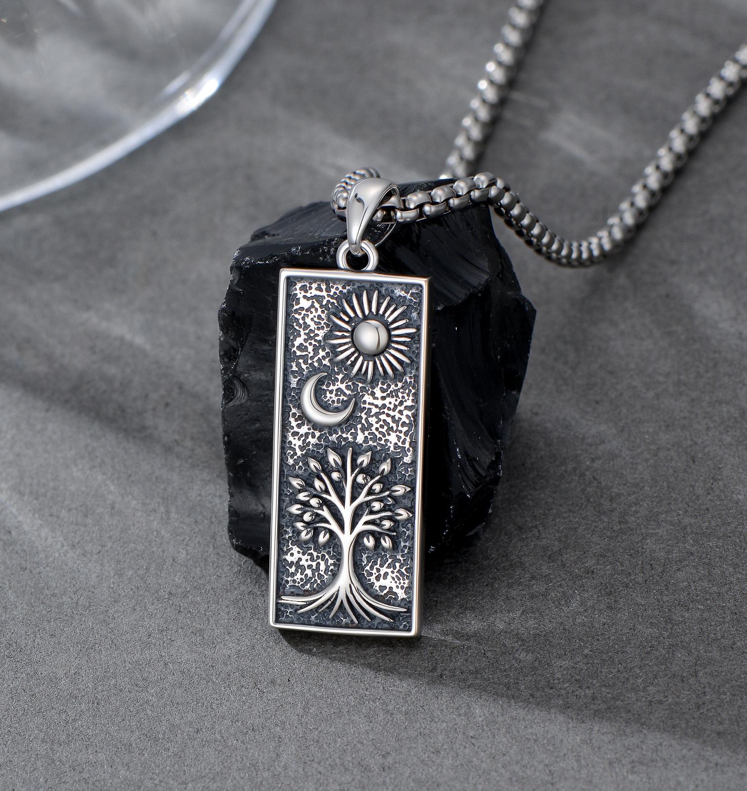 MEIDERBO Dream Chaser Sun Moon Tree of Life Necklace 925 Sterling Silver Oxidized Finish Pendant Bella Chain Stainless Steel Bead Chain 22+2 Inch