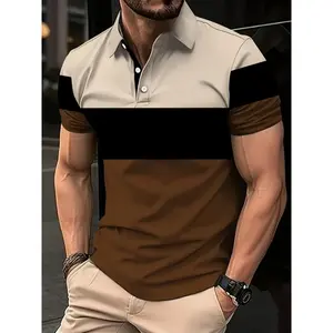 1pc Men'S Summer Casual Short Sleeve Polo Shirt - Polyester Knit Fabric With Slight Stretch, All Over Print Lapel Collar, Button Detail, Regular Fit - Trendy Multi-Color Short Sleeve Polo Top