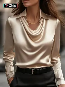 All-Season Satin Cowl Neck Womenswear Lady Blouse Shirts, Silky Elegant Fitted Long Sleeve Top, Perfect for Office, Casual Days, Dates & Going-Outlooks