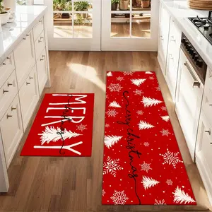 2Pcs Merry Christmas With Red Background Christmas Tree Floor Mat Set Farmhouse Kitchen Rug Household Decorative Rug Dining Room Flooring Laundry Room Decor Carpet Mat