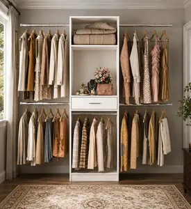 Homieasy 8FT Closet System, 96 Inch Walk-in Closets Organizer Kit with 4 Extendable Hanging Rods and Drawer, Protable Wardrobe Closet Storage Organizer with Adjustable Wood Garment Rack