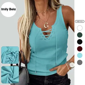 Imily Bela Womens Sexy V Neck Tank Shirts Top Sleeveless Casual Basic Drawstring Rib Knit Tops