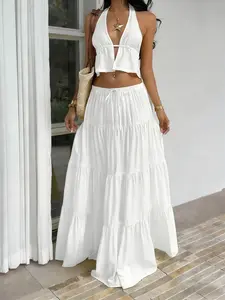 Women's Textured White Ruffled Maxi Skirt, Boho Elegance Elastic Waist Tiered Long Skirt For Summer Outings & Casual Fashion