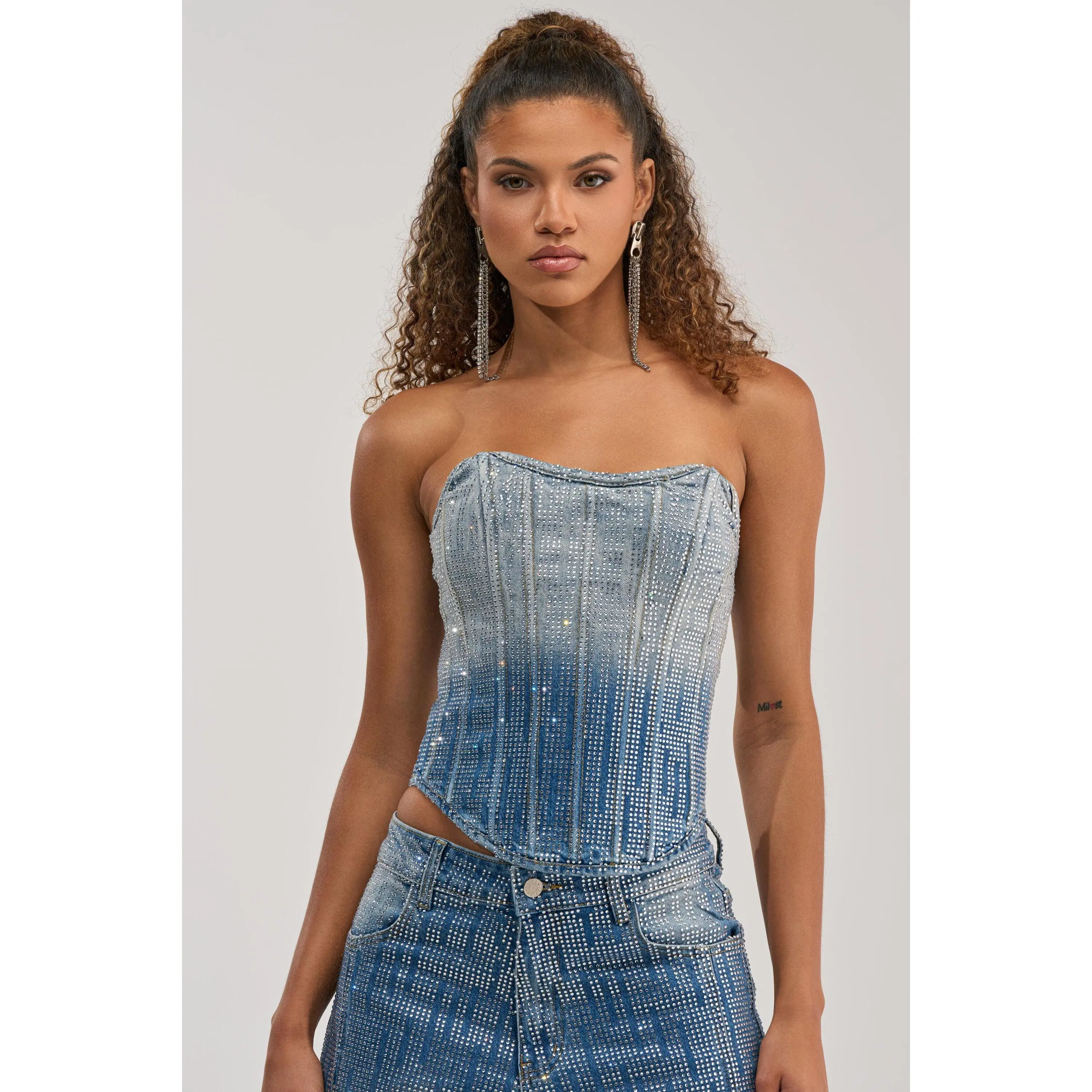 MIND SPINNING EMBELLISHED DENIM CORSET