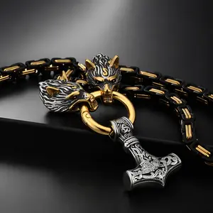 Men's Stainless Steel Nordic Viking Hammer Amulet Necklace | Exquisite Vintage Wolf Head Cuban Chain Necklace, a men's style, a beautiful piece of jewelry that easily enhances your overall look. A necklace of faith.