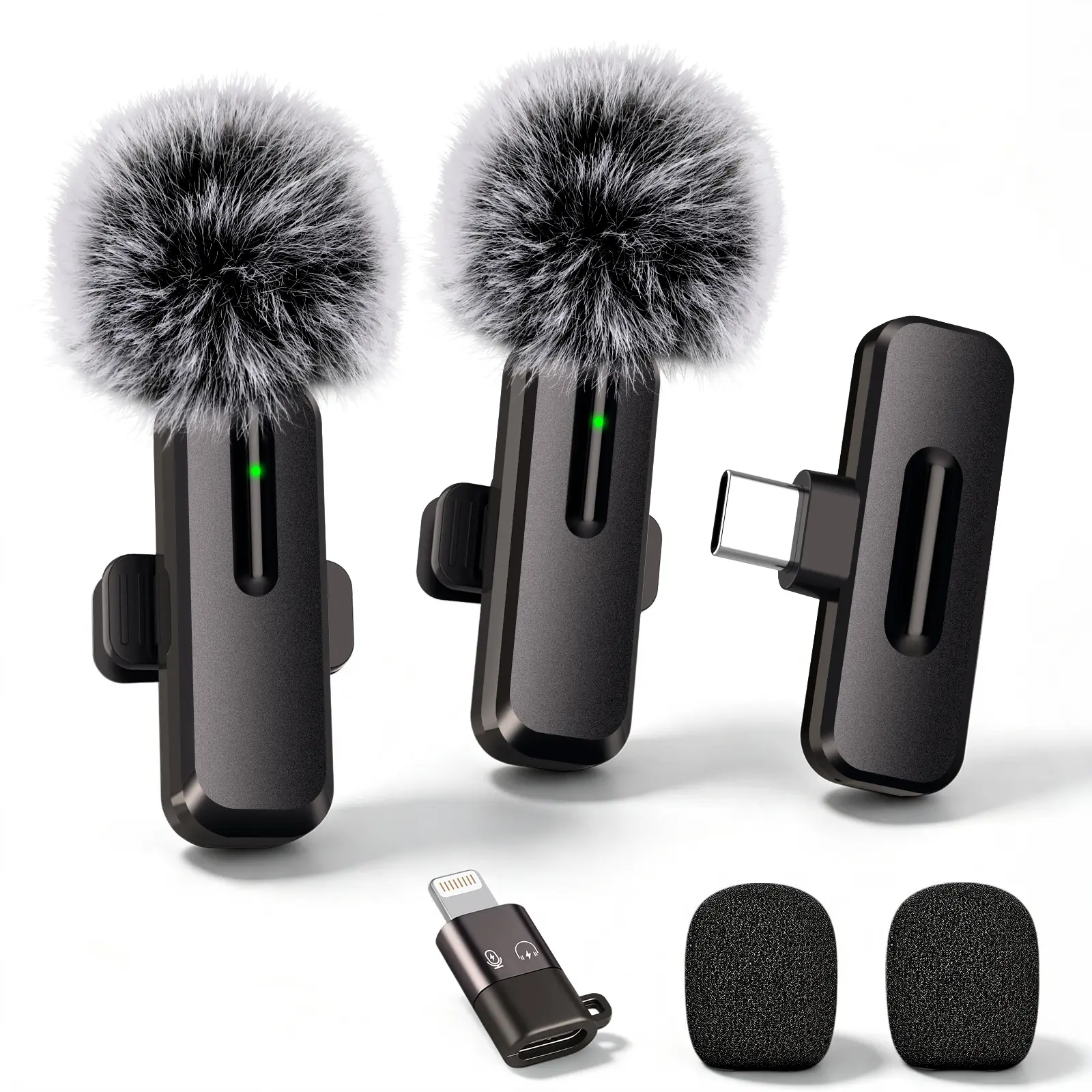 2 Pack Wireless Lavalier Microphone for iPhone & Android, Clip On Lapel Mic with USB-C & Lightning Adapter, Noise Cancelling Omnidirectional for Vlogging Podcast Video Recording ```