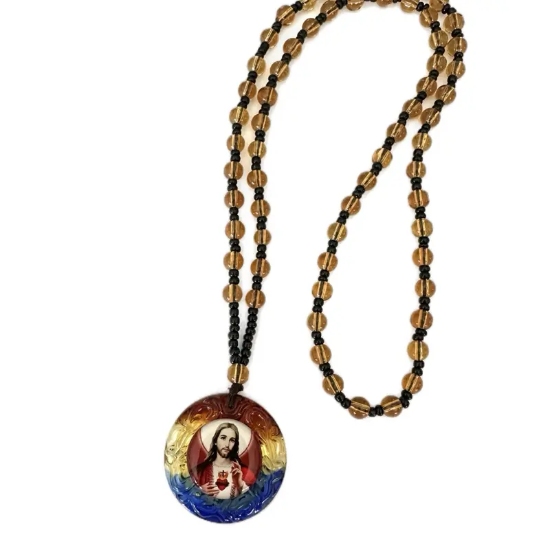 Jesus Christ Sagrado Corazon Necklace with Beaded Cord and Circular Pendant Featuring Jesus Christ Design 25”