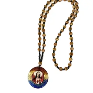 Jesus Christ Sagrado Corazon Necklace with Beaded Cord and Circular Pendant Featuring Jesus Christ Design 25”