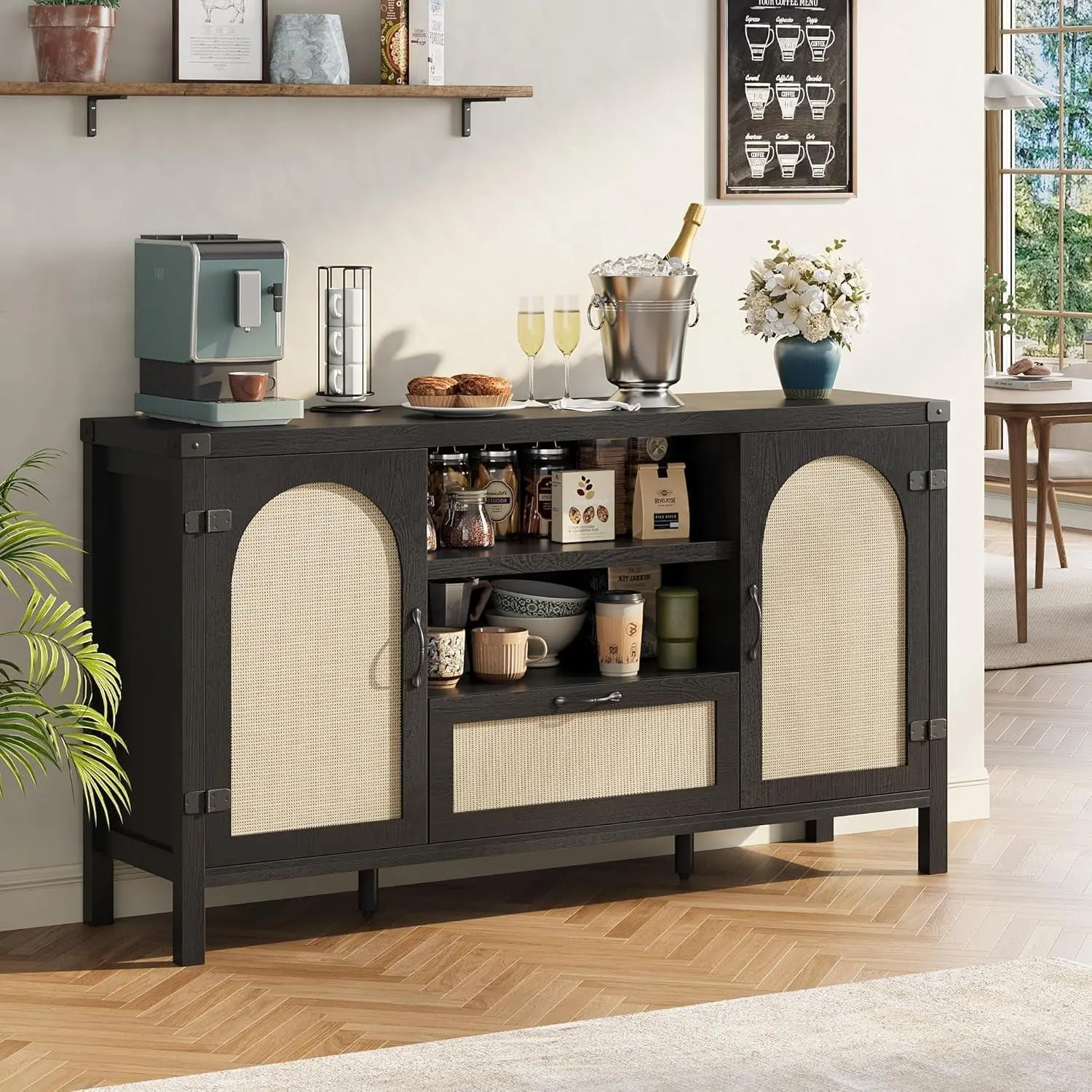 59Inch Rattan Sideboard Buffet Cabinet with Storage  Boho Wooden Coffee Bar with Open Shelves Farmhouse Kitchen Buffet Cabinet with Drawer  for Dining Room  Living Room  Black