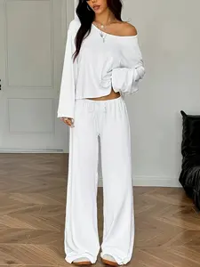 Women's Spring Summer Solid Color Long Sleeve Top and Pants Set, Elegant Casual, Comfortable Fit, Perfect Daily Choice