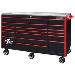 Extreme Tools Professional 72″ Quick Release 17-Drawer Triple Bank Roller Cabinet (Black/Red)