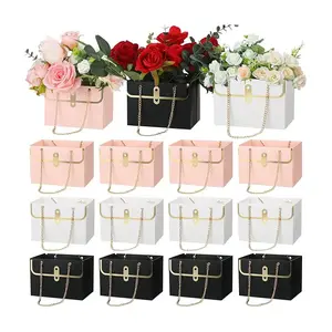 Paper flower gift bag Wedding bouquet Flower box with handle Flower box for decorating gift bag Florist Tote Bag Wedding Baby Bath Party Gift (black, white, pink)