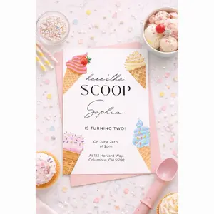Here's The Scoop Ice Cream Birthday Invitation for 2nd Birthdays & Ice Cream Parties | Professionally Printed 5x7 Cards with Envelopes | Vibrant Watercolor Cones & Sprinkles Design | Perfect for Summer & Toddler Celebrations
