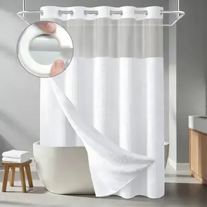 Hookless Shower Curtain with Snap-In Liner – White Waffle Weave Fabric Curtain for Bathroom, Waterproof & Machine Washable, Hotel Style with Clear Mesh Top Window