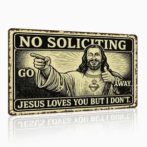Funny No Soliciting Metal Tin Sign – Jesus Loves You But I Don't, Front Door Sign, Funny Christian Wall Decor, Vintage Metal Sign for Home, Porch & Office, 8x12 Inch