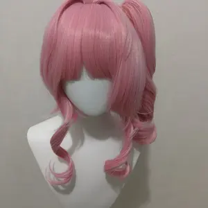 Lolita cosplays a cute anime 2D girl with a pink high ponytail wig