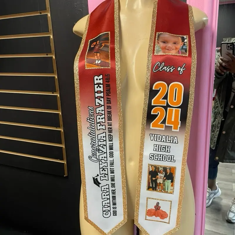 Graduation Stole for Class of 2026 with purple, Black and Gold Color Scheme Featuring Graduates Accomplishments.