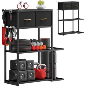 Gym Storage Shelf Stand Only, Adjustable Weight Rack for Dumbbells Plus Extra Upper Drawer, for Weight, Mat and Workout Equipment, Large Capacity Gym Organizer with 4-Tier, Easy-assembly