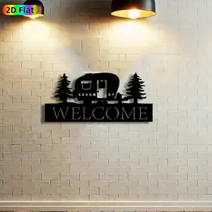 1pc Camper with Pine Trees Metal Wall Art,Camper Statue Mural, Ideal Gift for New Year, Easter, Camper Decor Enthusiasts, Rust-Resistant Metal Wall Decor Wall Sculptures, Perfect for Home Wall & Garden Fence, Unique Outdoor Decor