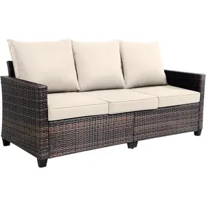3-Seater Deep Seat Outdoor Sofa - High Back Patio Couch with Water-Resistant Cushions, All-Weather PE Rattan for Patio, Garden (Modern Design) -Beige